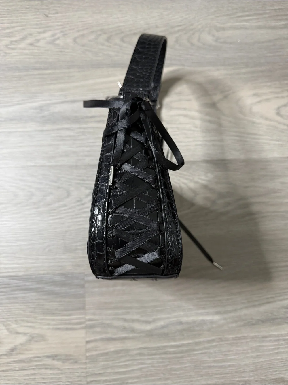 Croc-Embossed Black Shoulder Bag with Ribbon Tie Details